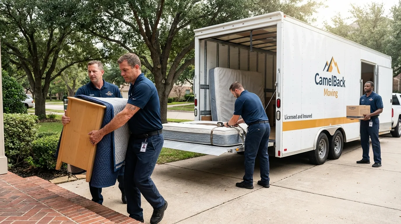 Crew loading residential truck for cross-state move from Raeford, NC