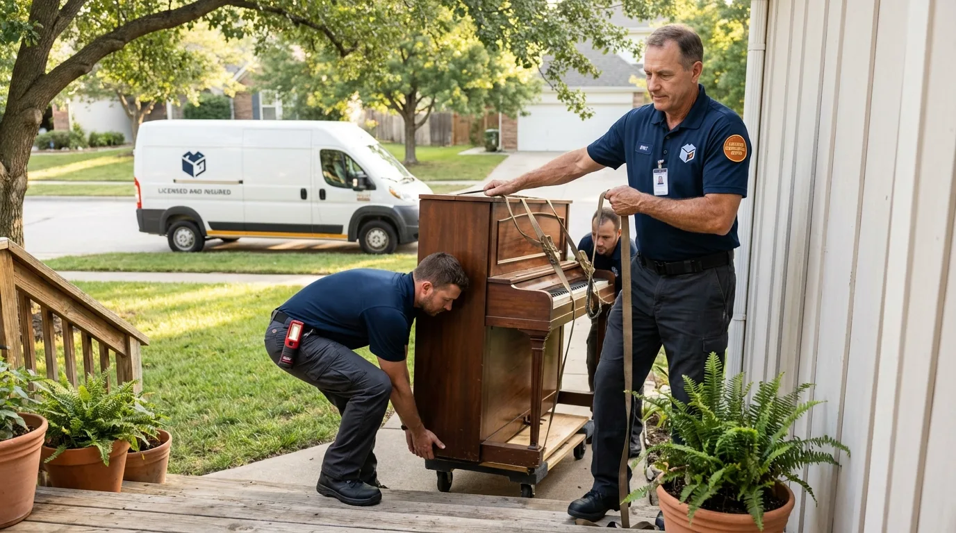 Licensed piano movers securing grand piano in Raeford, NC