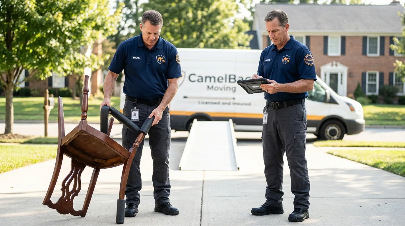 Movers inspecting furniture for damage prevention before loading in Raeford, NC