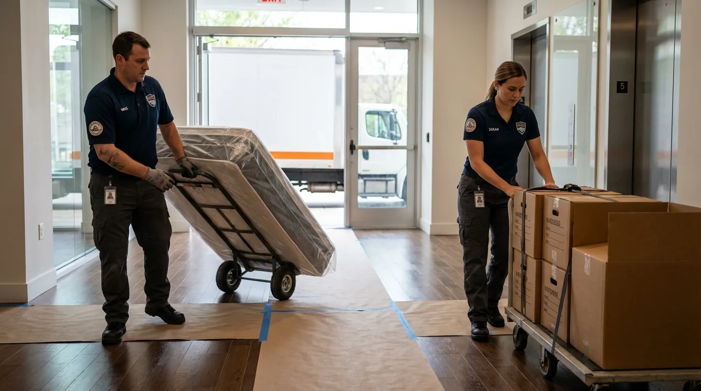 Professional apartment movers loading elevator in Raeford, NC